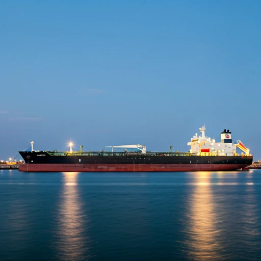 A large oil tanker ship docked at a port at dusk, with its lights reflecting on the calm blue water under a clear twilight sky.